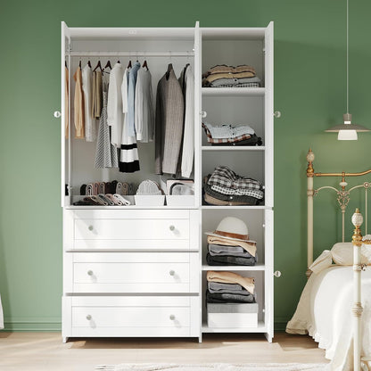 Armoire Wardrobe Closet with Drawers and Mirror, 71" Clothing Storage Cabinet with Hanging Rod, 4 Doors Wooden Wardrobe Cabinet for Bedroom, Large Capacity Storage