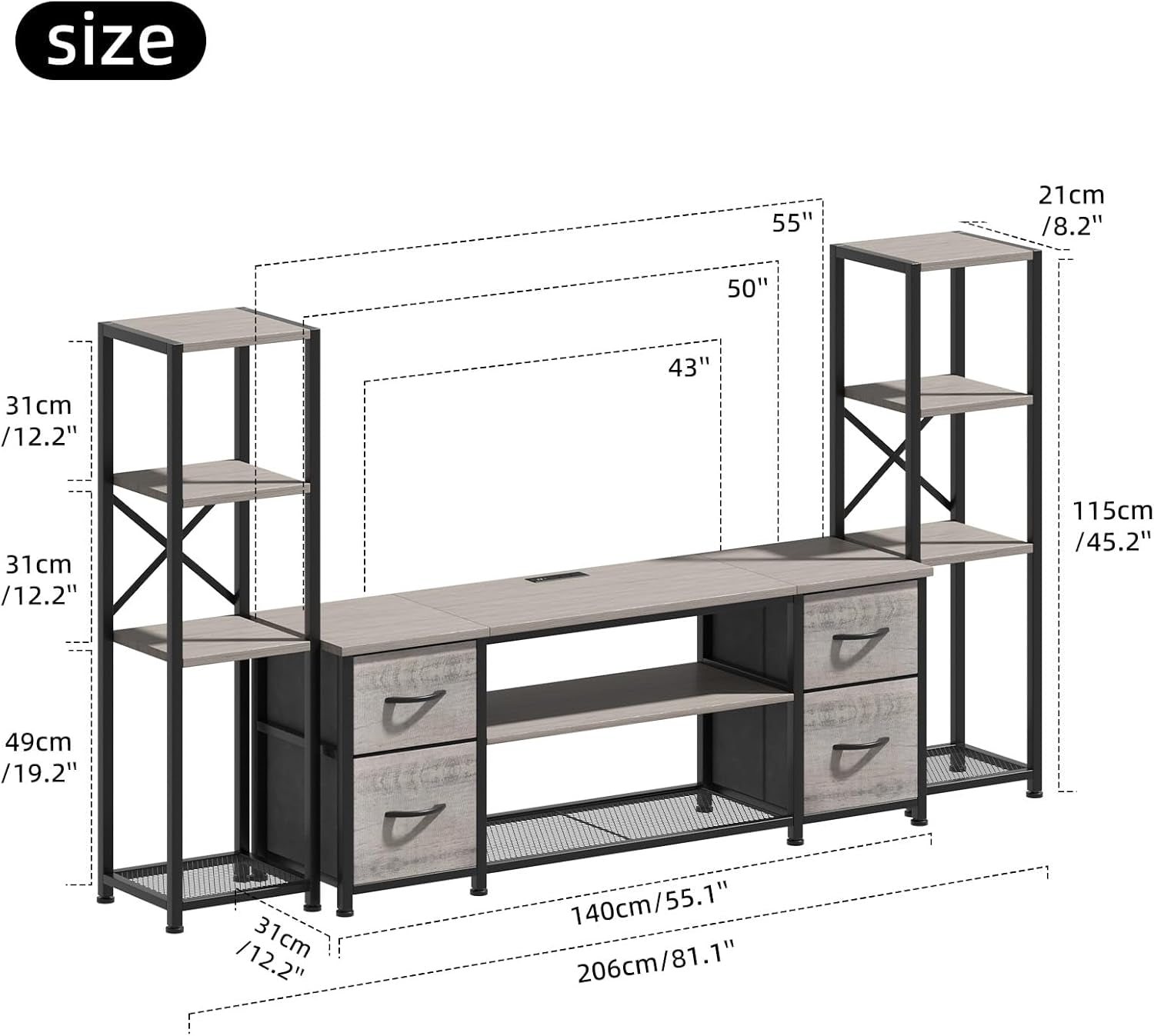 LED TV Stand 60 Inch for Living Room with Charging Station, Entertainment Center with 2 Industrial Bookshelves, Modern Console Cabinet with Storage Drawers (Greige)