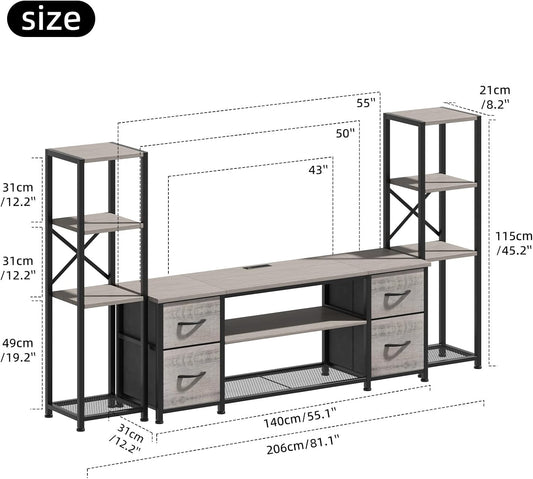 LED TV Stand 60 Inch for Living Room with Charging Station, Entertainment Center with 2 Industrial Bookshelves, Modern Console Cabinet with Storage Drawers (Greige)