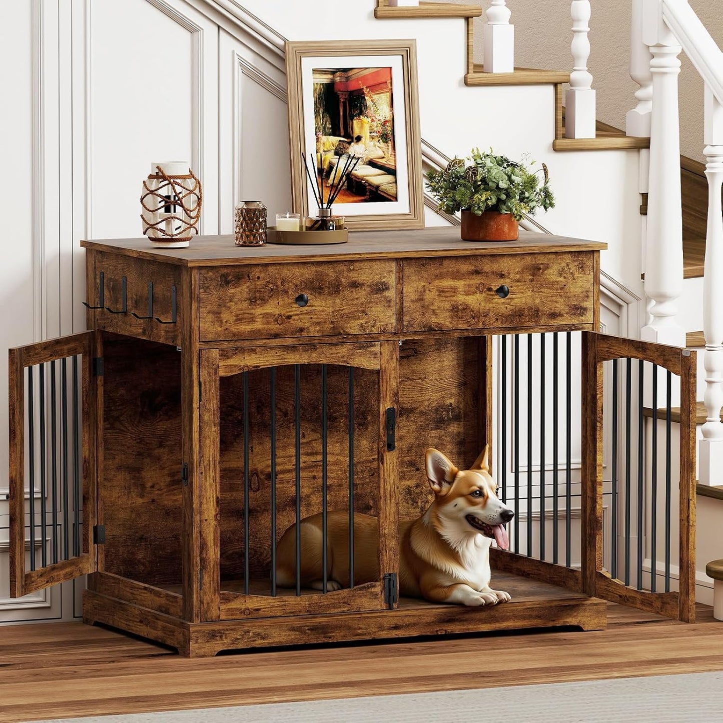 40" Dog Crate Furniture, Wooden Dog Kennel Furniture, Heavy-Duty Dog Crate End Table with Storage Drawers, Double Doors Decorative Pet Cage House Indoor for Small Medium Dog, Brown