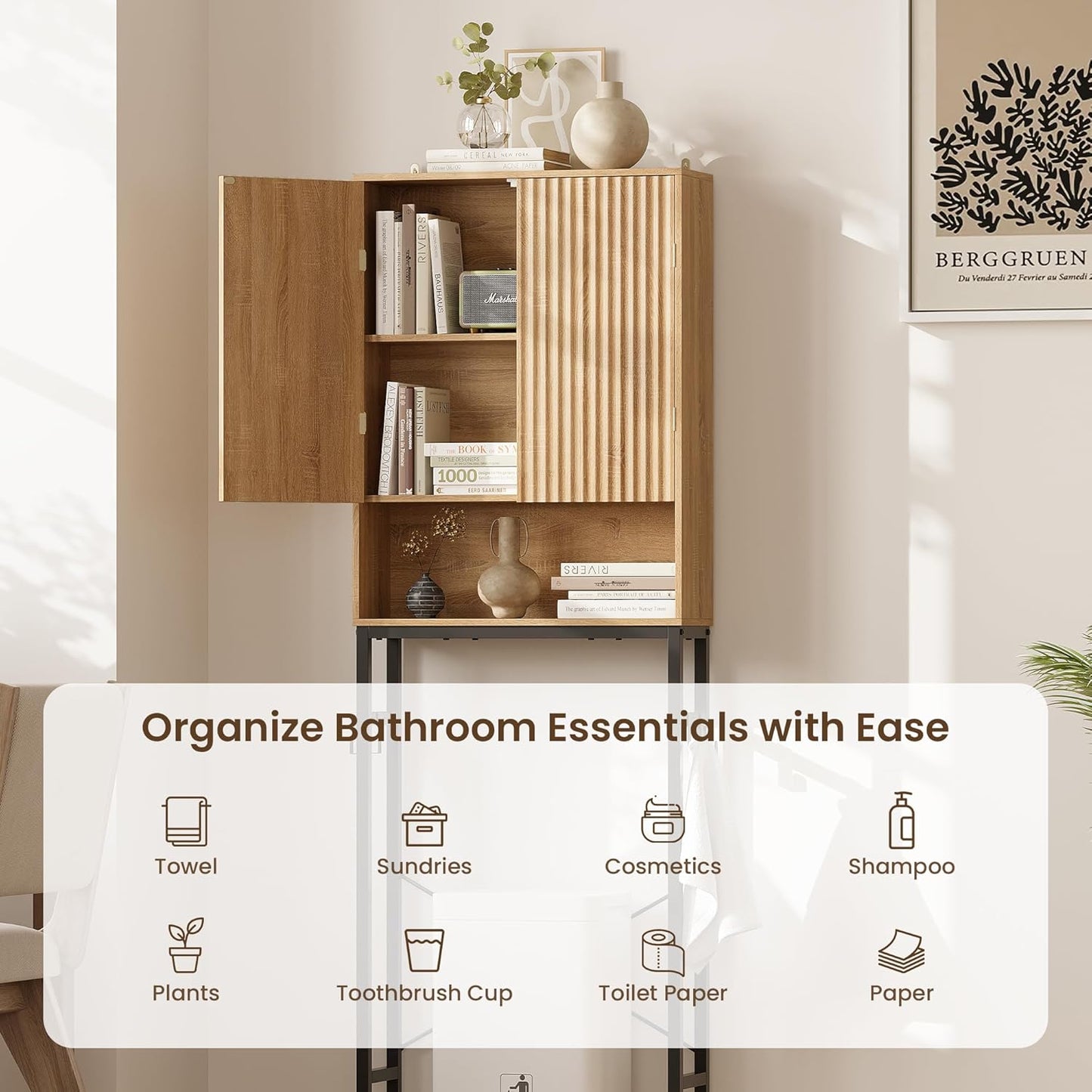 Toilet Storage Cabinet, over the Rack Wood Cabinet with Metal Stand, Bathroom Organizer with Adjustable Shelf, Tall Freestanding Washer Shelf, Small Cupboard, Space Saver, Natural Style