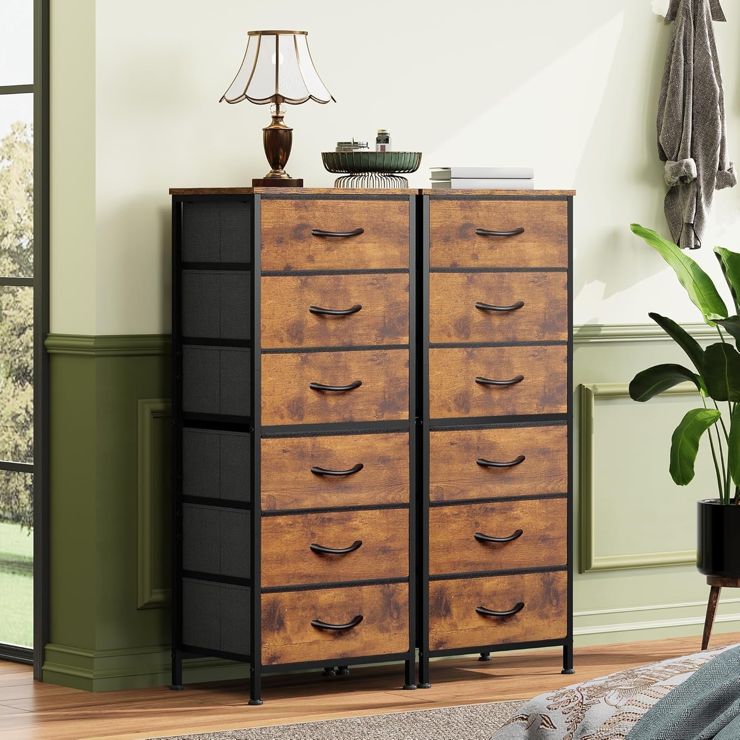 Tall Dresser for Bedroom, 6 Drawer Dressers & Chests of Drawers, Fabric Dresser for Closet, Night Stand with Metal Frame, Storage Tower with Fabric Bins, Wood Top, Rustic Brown Wood Grain Print