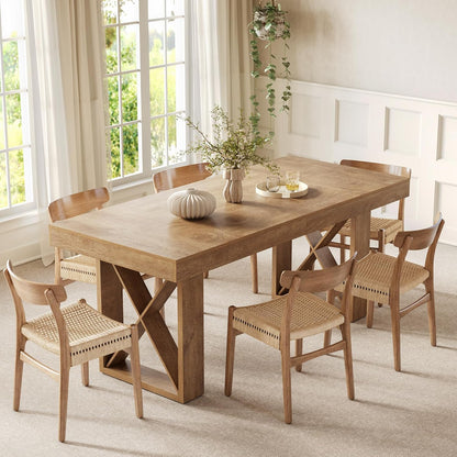 63-Inch Rectangle Dining Table for 4-6 People, Farmhouse Thick Appearance Design, Rectangular Kitchen Dinner Table for Home, Rustic Yellowish Brown