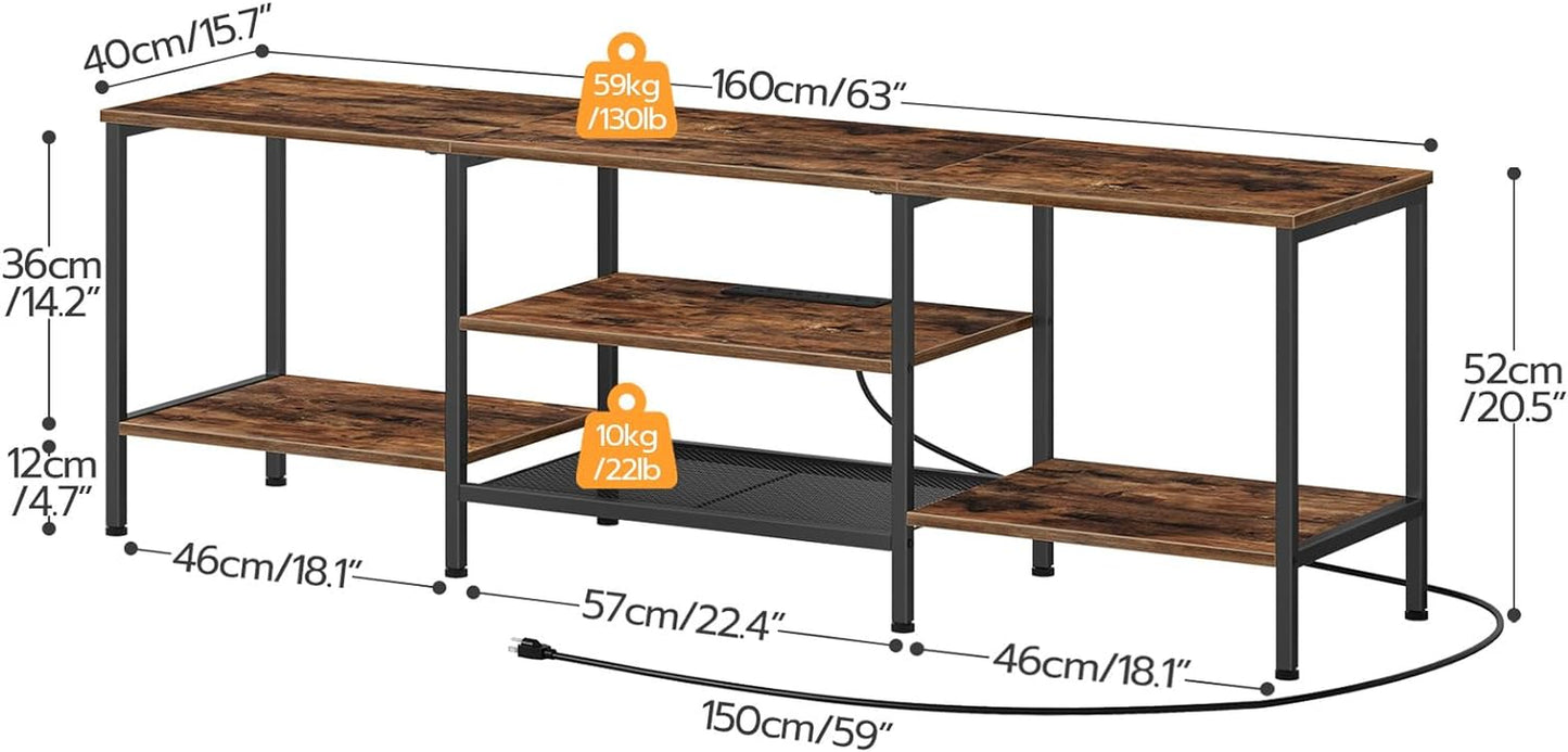 TV Stand with Power Outlets to 75 Inches, TV Console Table with Open Storage Shelves Cabinet, Industrial Media Entertainment Center for Living Room Bedroom, Rustic Brown and Black BF60DS01