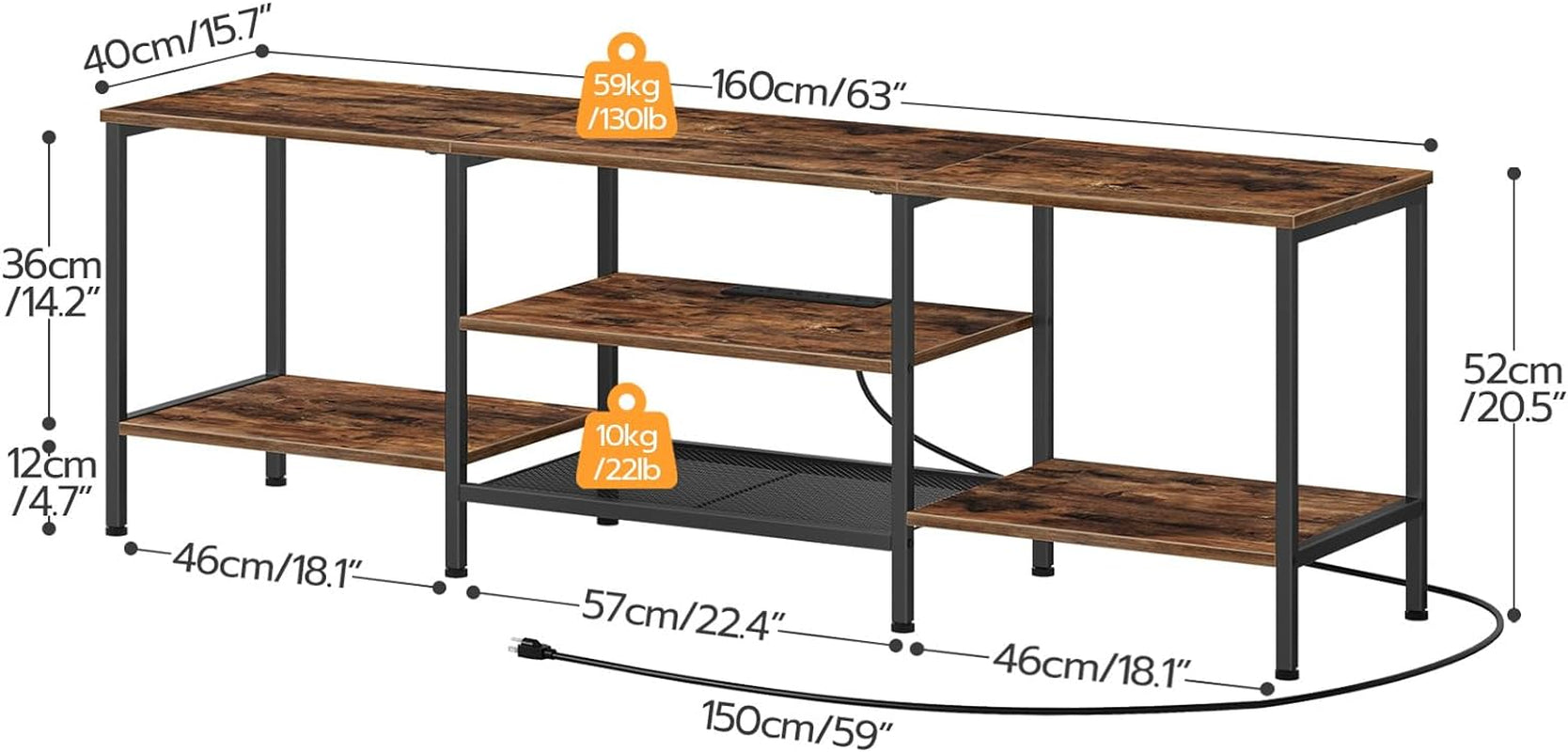 TV Stand with Power Outlets to 75 Inches, TV Console Table with Open Storage Shelves Cabinet, Industrial Media Entertainment Center for Living Room Bedroom, Rustic Brown and Black BF60DS01