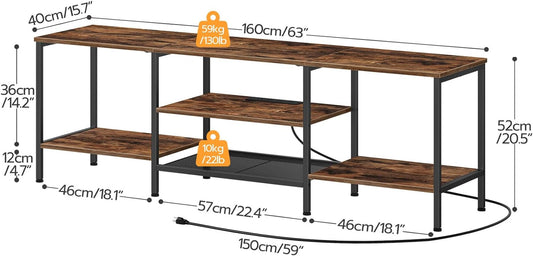 TV Stand with Power Outlets to 75 Inches, TV Console Table with Open Storage Shelves Cabinet, Industrial Media Entertainment Center for Living Room Bedroom, Rustic Brown and Black BF60DS01