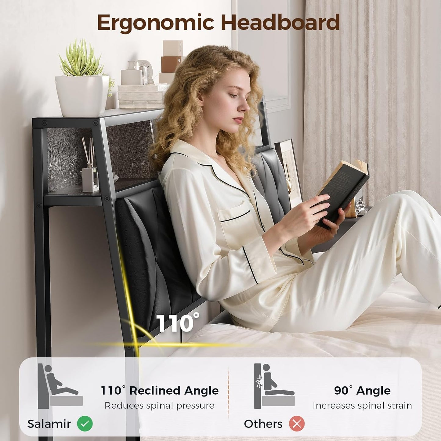 Queen Headboard Only, Headboard for Queen Size Bed with Storage, Upholstered Headboards with LED Lights & Charging Station, Attach Frame, Ideal for Bedroom/Dorm/Guest Room, Black, Faux Leather