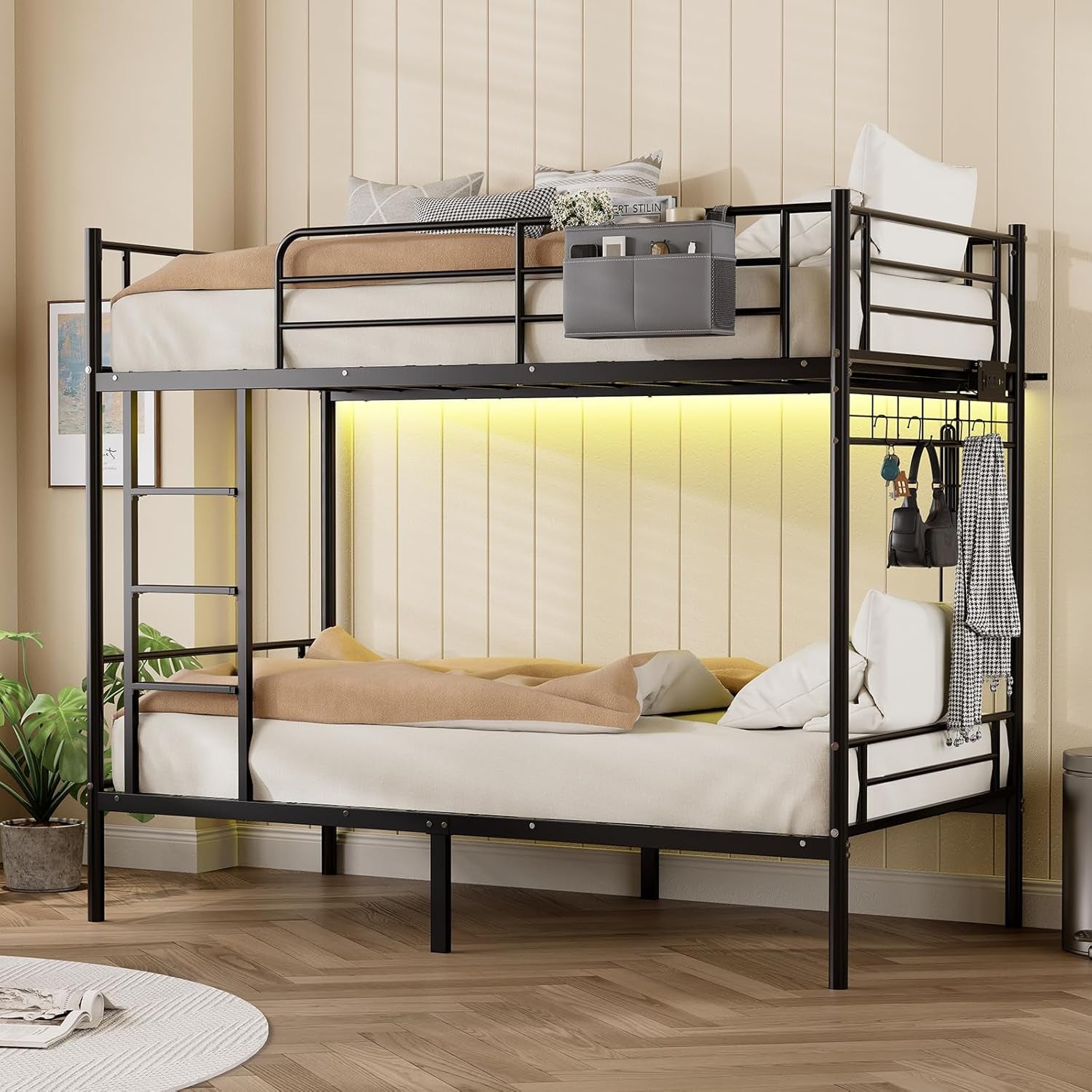 Bunk Bed Twin over Twin,Metal Bunk Beds with Power Outlet and LED Lights,Heavy-Duty Safety Rails Ladder,Space-Saving Design with Storage Hooks,440Lbs Capacity for Adults,Black