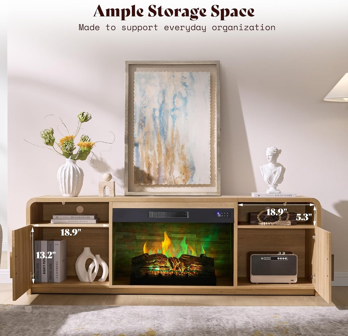 70" Fluted Fireplace TV Stand for Tvs up to 80", Modern TV Console with 30" Electric Fireplace & Storage Cabinets, Media Entertainment Center for Living Room, Natural Oak