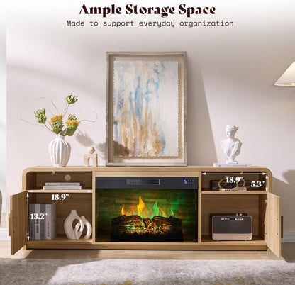 70" Fluted Fireplace TV Stand for Tvs up to 80", Modern TV Console with 30" Electric Fireplace & Storage Cabinets, Media Entertainment Center for Living Room, Natural Oak