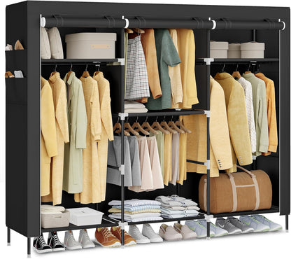 Portable Closet, Fabric Wardrobe, Clothes Rack with Shelves, Pockets, Large Capacity, 4 Hanging Rods, 17.7 X 74.4 X 70.9 Inches, Black URYG011BZ02