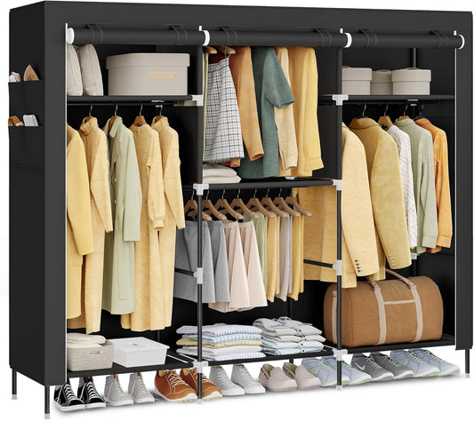 Portable Closet, Fabric Wardrobe, Clothes Rack with Shelves, Pockets, Large Capacity, 4 Hanging Rods, 17.7 X 74.4 X 70.9 Inches, Black URYG011BZ02