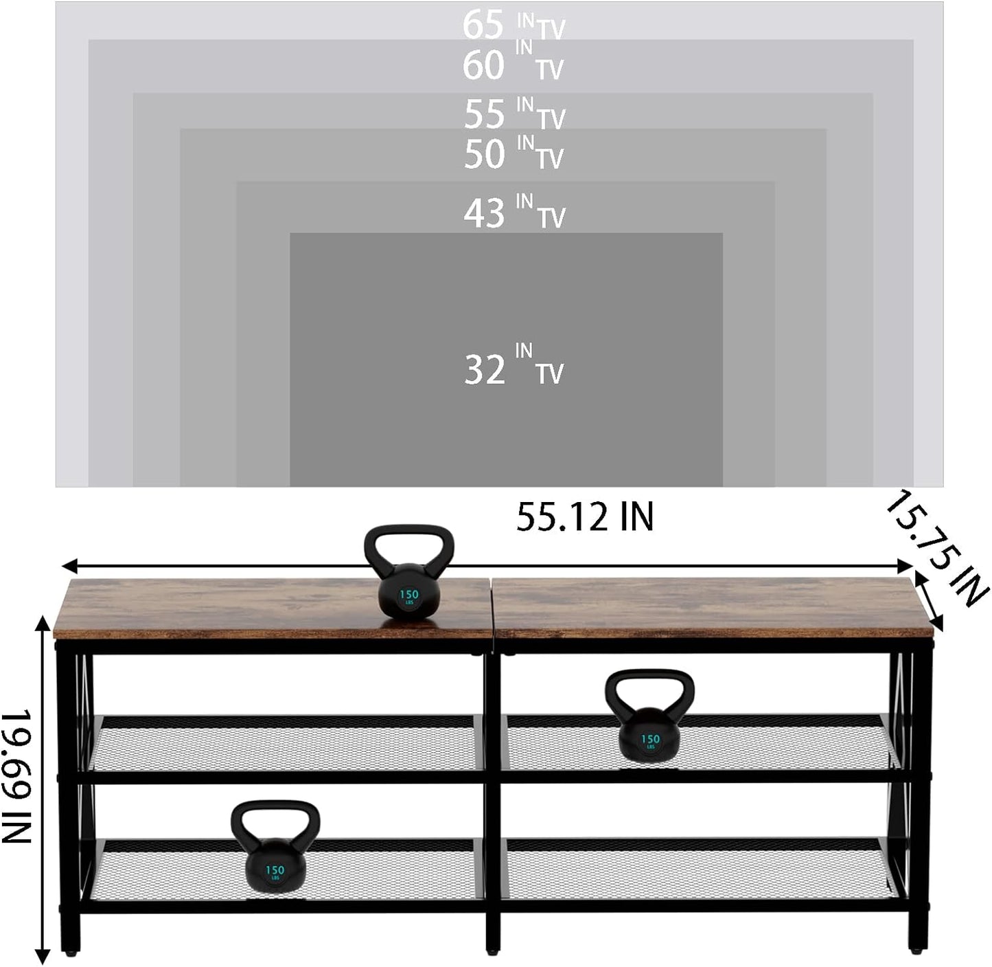 TV Stand for Tvs up to 65 Inch, 55" Long Industrial TV Console Table with 3-Tier Storage Shelves, Entertainment Center for Living Room, Bedroom (Rustic Brown)
