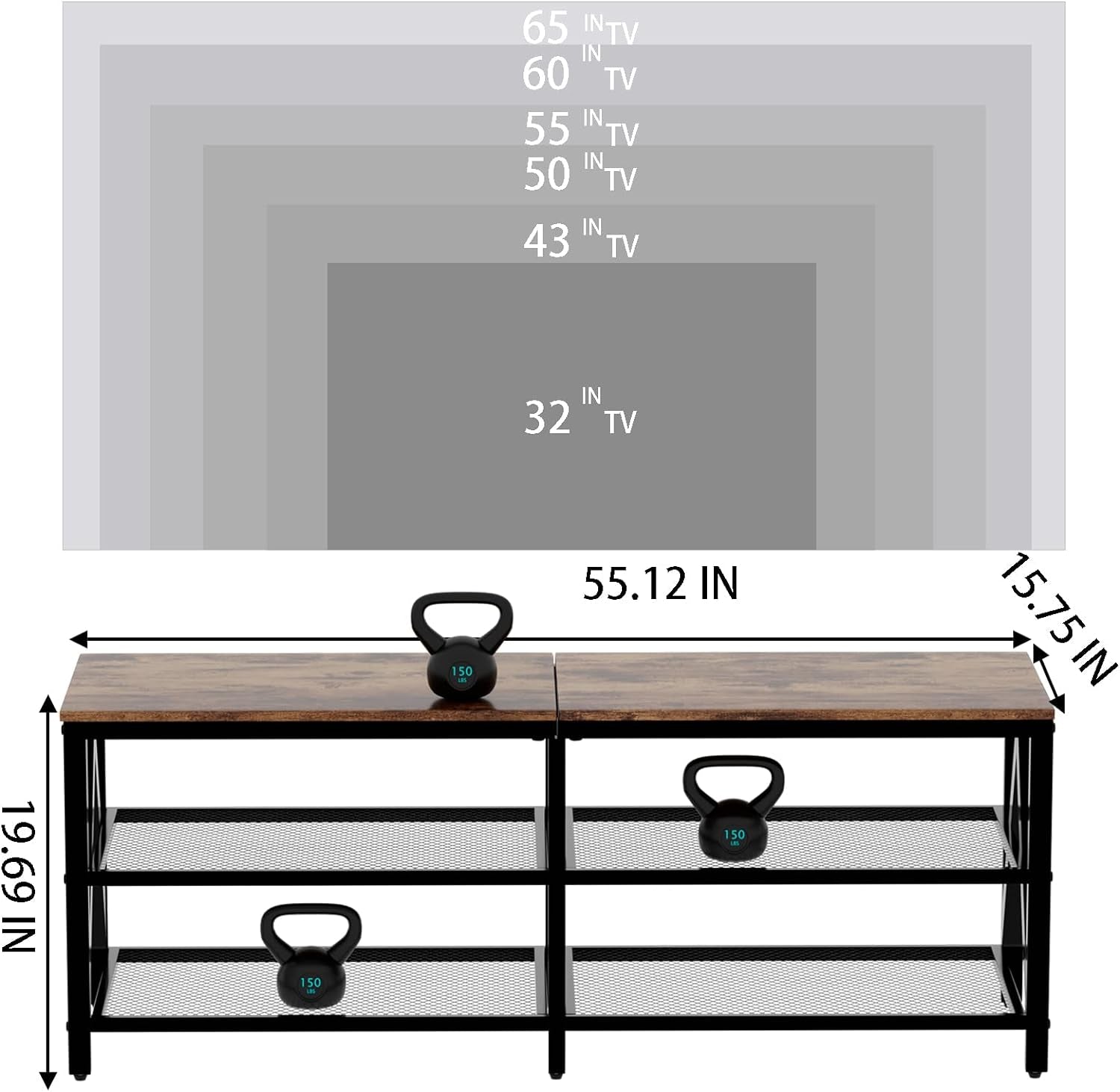TV Stand for Tvs up to 65 Inch, 55" Long Industrial TV Console Table with 3-Tier Storage Shelves, Entertainment Center for Living Room, Bedroom (Rustic Brown)