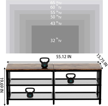 TV Stand for Tvs up to 65 Inch, 55" Long Industrial TV Console Table with 3-Tier Storage Shelves, Entertainment Center for Living Room, Bedroom (Rustic Brown)