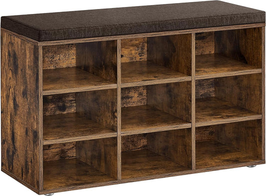 CUSTOS Collection - Shoe Bench, Storage Bench with Padded Seat, Entryway Bench with 9 Compartments, for Bedroom, 11.9 X 30.9 X 18.9 Inches, Rustic Brown and Chestnut Brown ULHS009B01