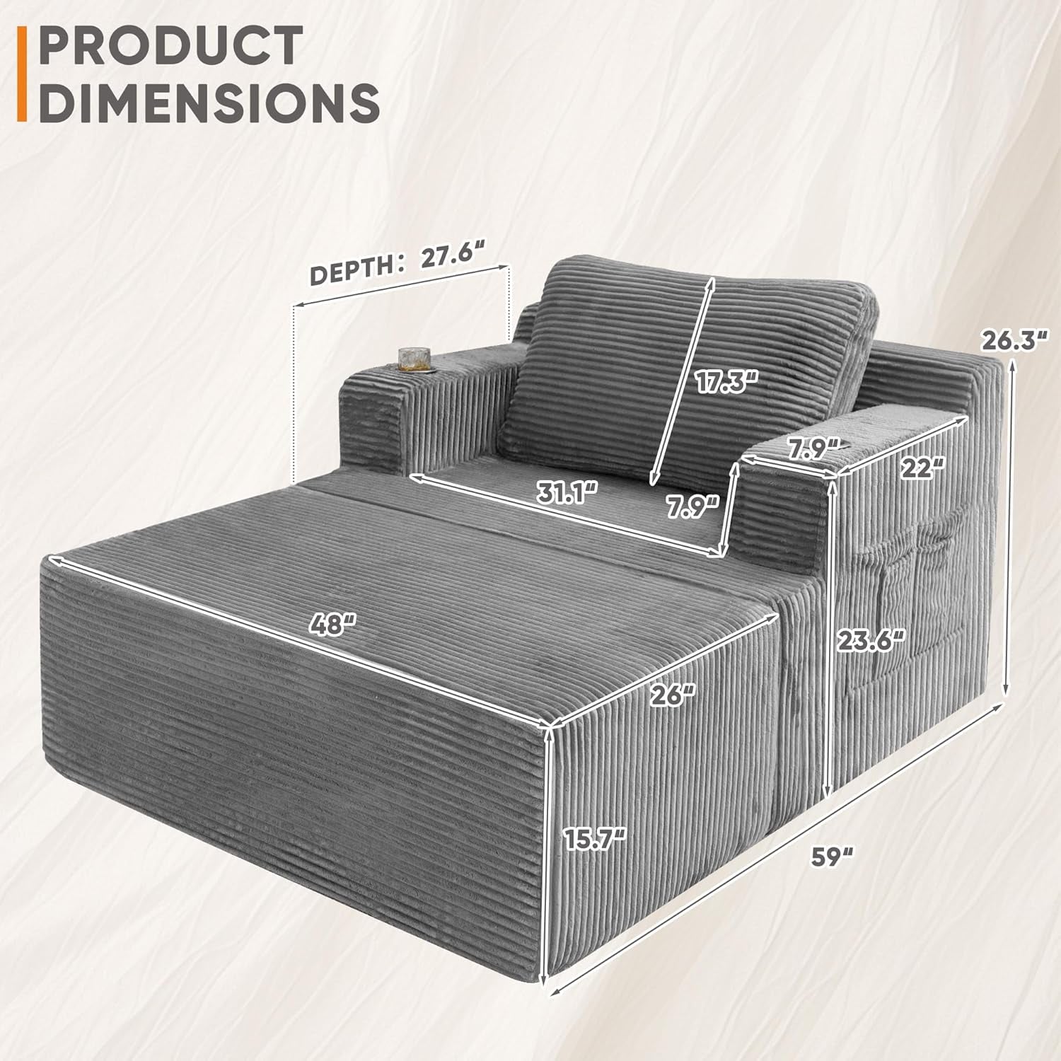 Oversized Chaise Lounge Chair, Cloud Couch with Fluffy Upholstered, Deep Seat Sleeper Sofa Bed with Two Cup Holders, Comfy Boneless Couch No Assembly Required for Living Room, Apartment (Grey)