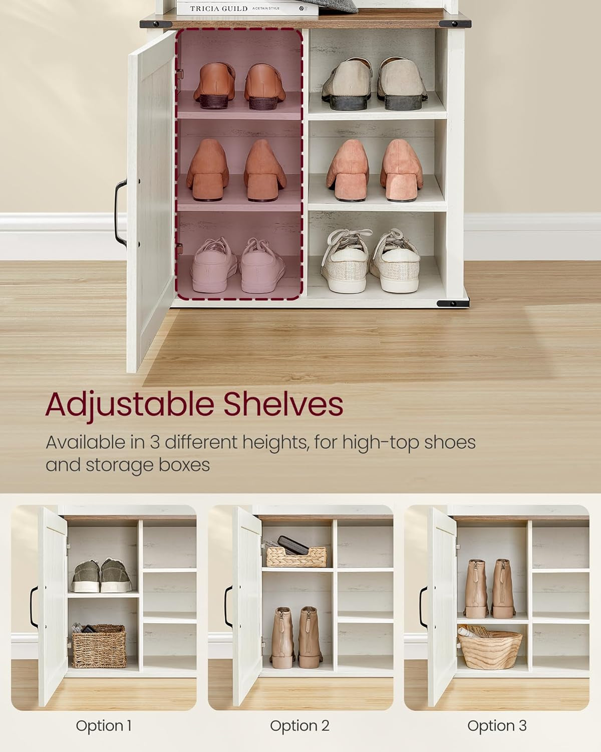 Hall Tree with Bench and Shoe Storage, Coat Rack with Shoe Bench, Shoe Cabinet, 2 Open Compartments, 6 Tri-Hooks, Entryway, Farmfouse Style, Space Saving, Rustic White UHSR430W02