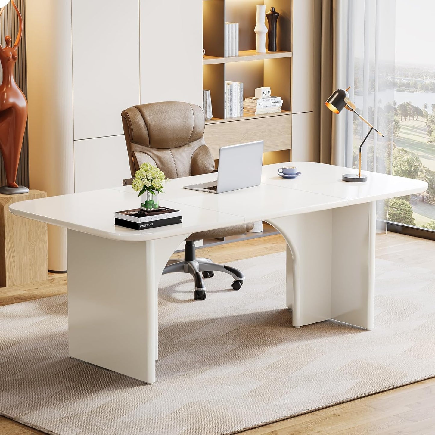 Modern White Desk, Large Minimalist Executive Office Computer Desk Writing Study Makeup Vanity Table Workstation with Arch Design Legs, 63 X 31.5 Inch