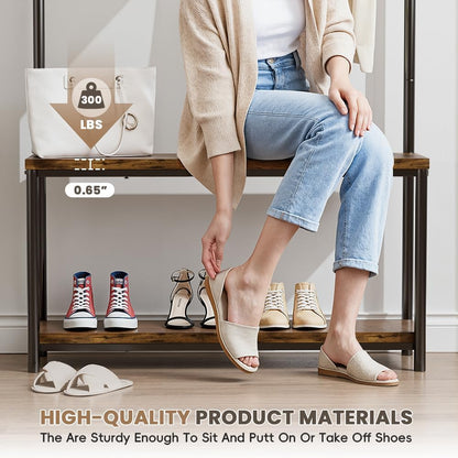 Hall Tree with Shoe Bench & Storage, Industrial Coat Rack Entryway Organizer, 7 Hooks with 10 Hanging Points, Rustic Brown, 39.9"X11.9"X72"