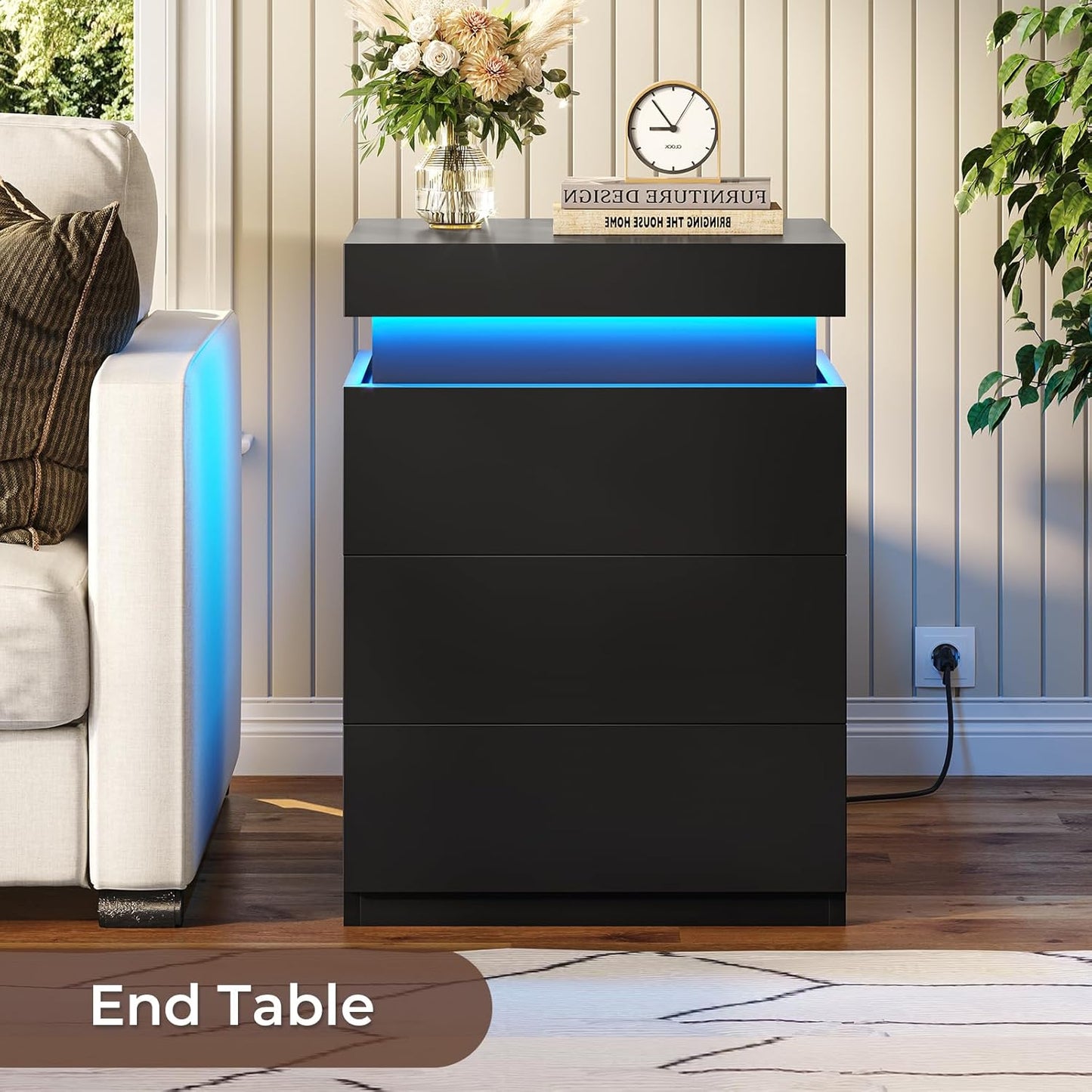 LED Nightstands Set of 2,Night Stands for Bedroom Set of 2,Nightstand with Charging Station and Sliding Top,Bedside Table with Power Outlets & Drawers,Modern End Side Table (Black)