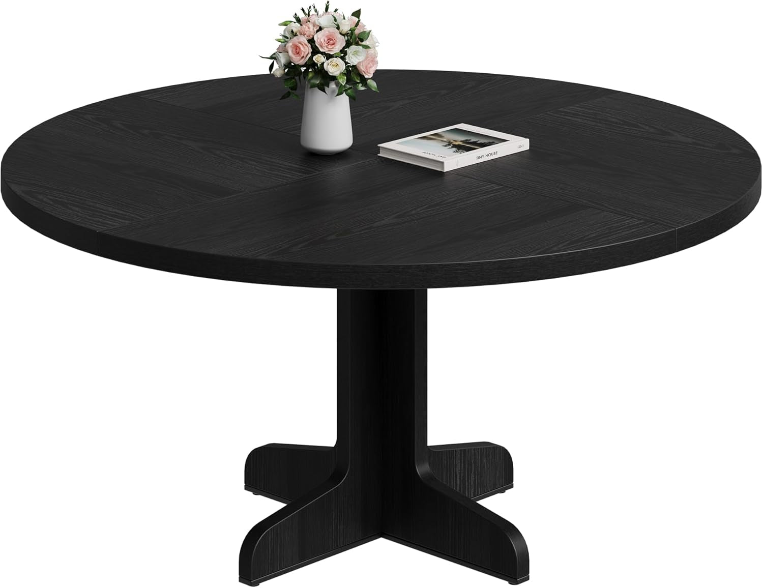 round Dining Table for 4, 47 Inches Dining Room Table with Wooden Base, Circle Kitchen Dinner Table for Dining Room, Kitchen, Living Room (Table Only), Black