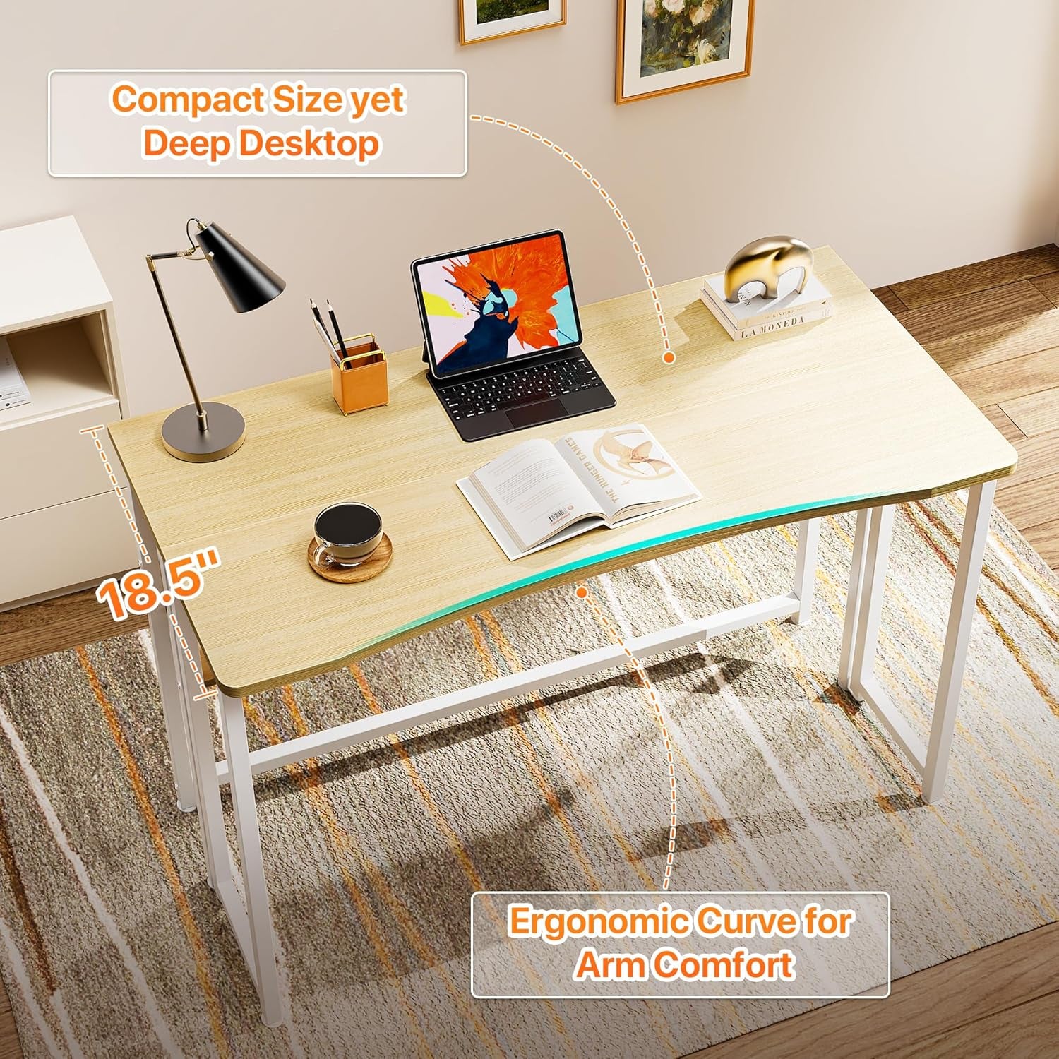 Folding Desk with Storage Shelf, 39.3 Inch Foldable Computer Table for Small Spaces, Space Saving Sofa Table for Couch, Writing Work Office Computer Desk, Easy to Fold, Oak