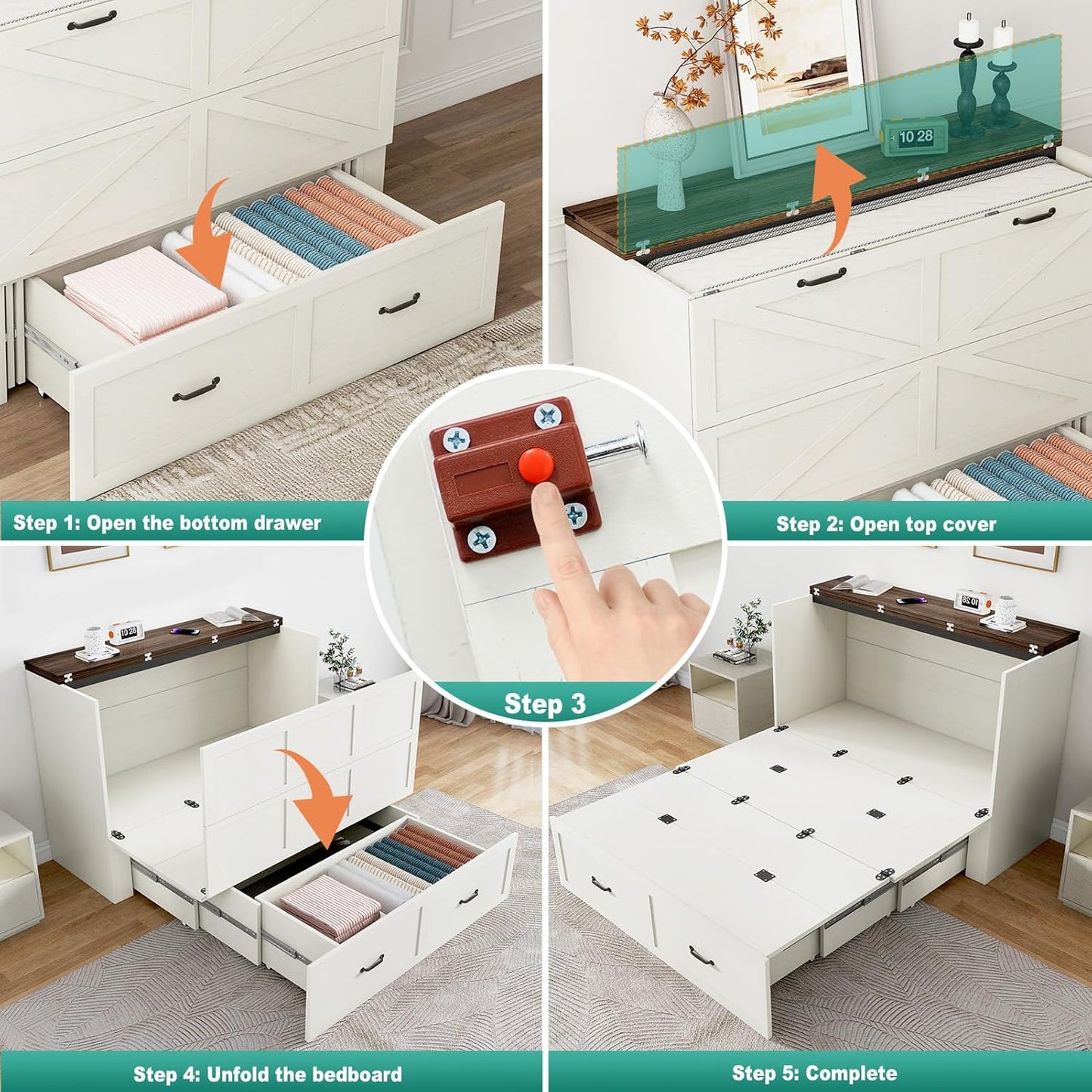 Queen Size Murphy Chest Bed with Drawer and Charging Station, Farmhouse Wood Space-Saving Hidden Folding Bed Chest, Multifunctional Storage Cabinet Beds for Bedroom, Office, Rustic White