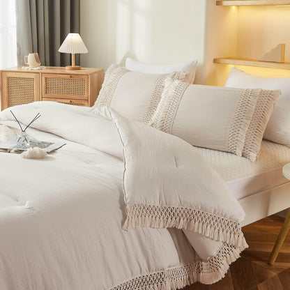 Beige Pillowcases, Macrame Tassel Pillow Cases Set of 2, 100% Washed Microfiber, Cream Decor Tassel Boho Pillow Cover, 2 Pack (King, Beige Tassel)