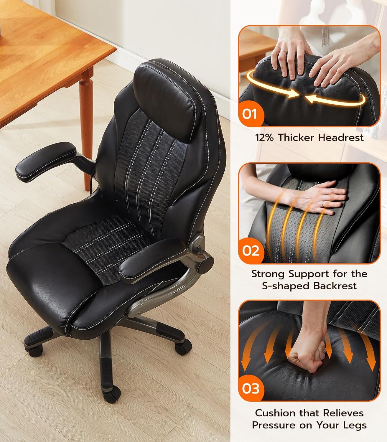 Office Desk , Ergonomic Computer  with Padded Flip-Up Arms and Adjustable Lumbar Support, PU Leather Executive  with Tilt Lock and 360° Swivel Rolling Wheels for Work, Study