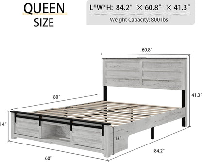 Wooden Queen Size Bed Frame with Headboard, Boho White Farmhouse Storage Bedframe with Sliding Barn Door Footboard and Charging Station, Solid Wood Slats, No Box Spring Needed
