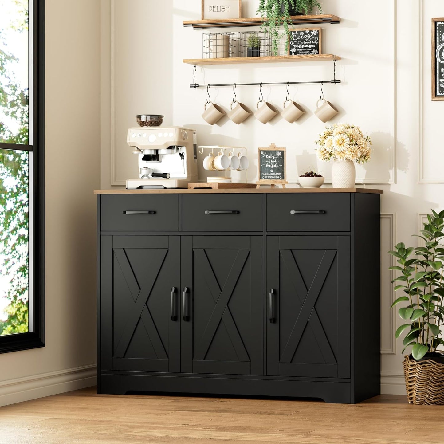 Modern Farmhouse Buffet Sideboard Cabinet, Barn Doors Storage Cabinet with Drawers and Shelves, Wood Coffee Bar with Storage for Dining Room, Kitchen, Living Room, Black/Rustic Brown