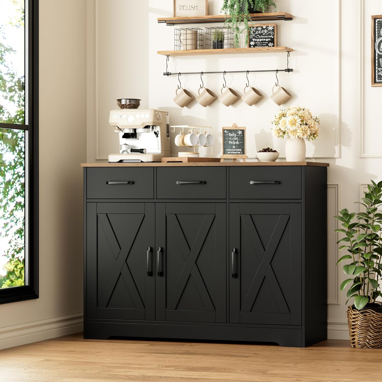 Modern Farmhouse Buffet Sideboard Cabinet, Barn Doors Storage Cabinet with Drawers and Shelves, Wood Coffee Bar with Storage for Dining Room, Kitchen, Living Room, Black/Rustic Brown