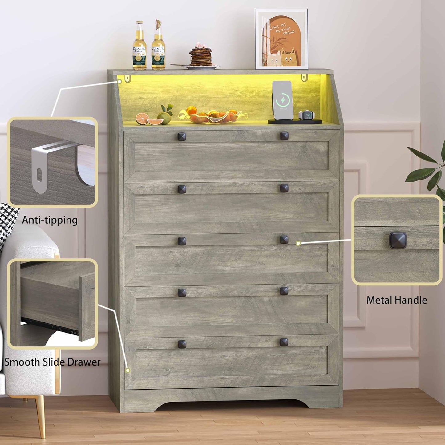 Grey Dresser Tall 5 Drawer Dresser for Bedroom, Wood Chest of Drawers with LED Lights, Charging Station, Metal Handles, Modern Storage Cabinet and Organizer Drawers for Living Room, Hallway