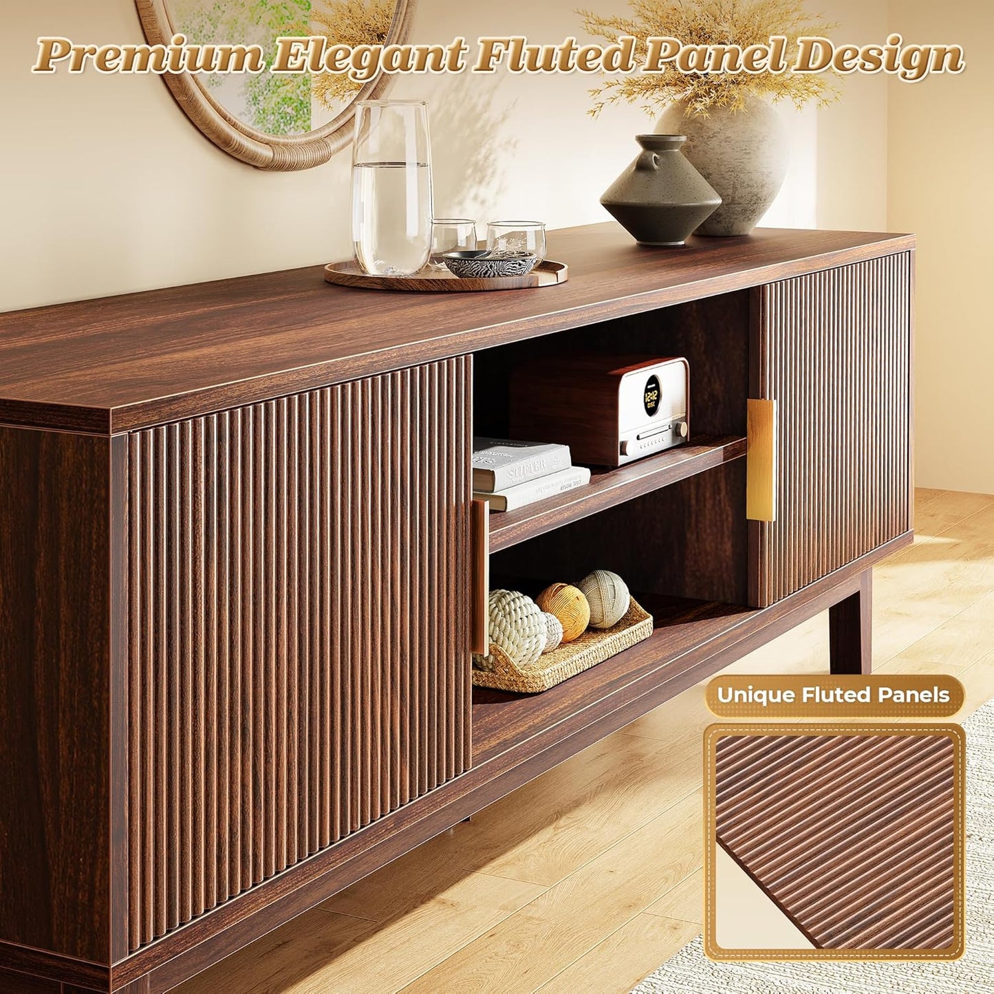 54 Inch TV Stand for 50, 55 Inch TV, Fluted Entertainment Center with 2 Cabinets, TV Consoles for Living Room, 3-Level Adjustable Shelf, 4 Cable Holes, Meida Console, Walnut