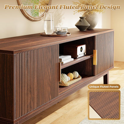 54 Inch TV Stand for 50, 55 Inch TV, Fluted Entertainment Center with 2 Cabinets, TV Consoles for Living Room, 3-Level Adjustable Shelf, 4 Cable Holes, Meida Console, Walnut
