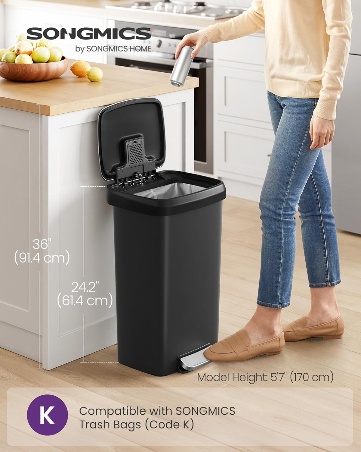 Plastic Kitchen Trash Can, 12-Gallon (45 L) Garbage Can with Stainless Steel Lid, Soft Close, Pedal Waste Bin with Wheels and Rear Handle, Ink Black ULTB533B01