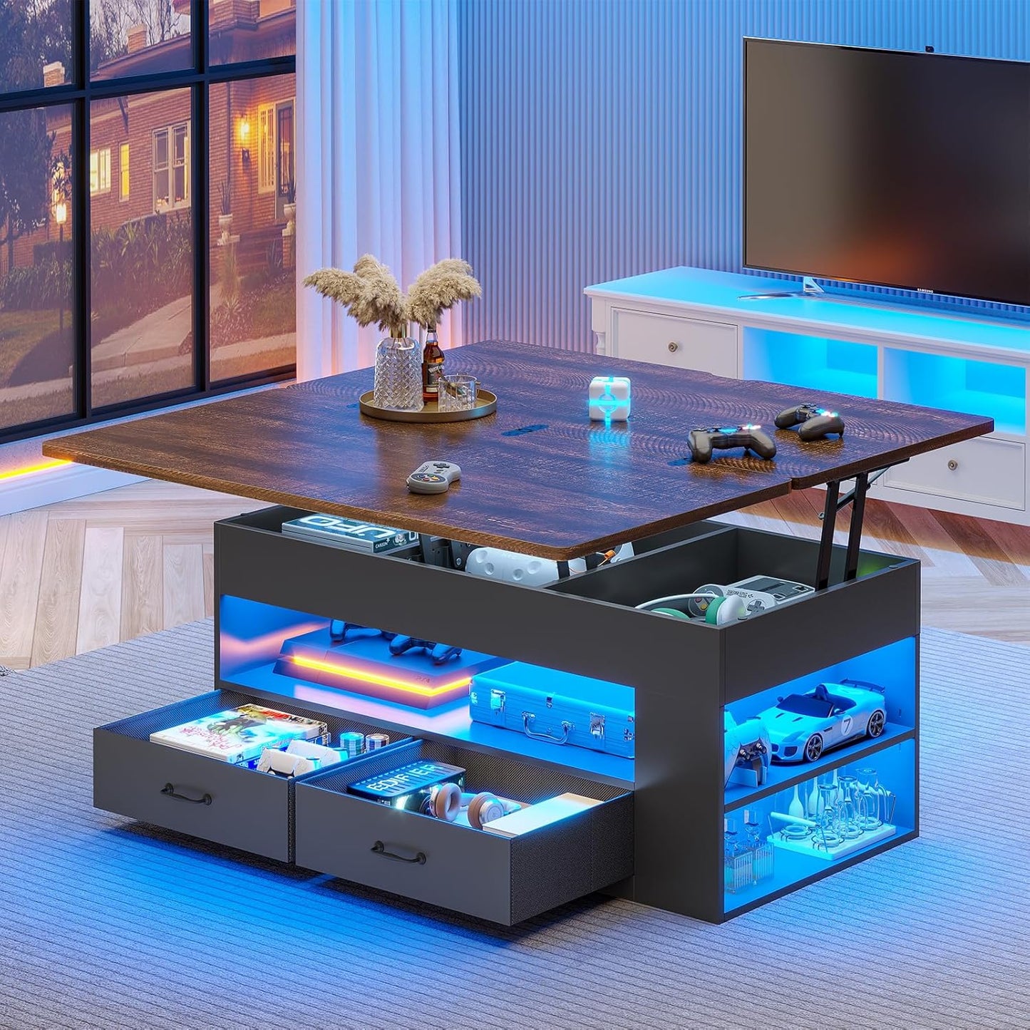 Lift Top Coffee Table, 4 in 1 Coffee Tables with Storage and Hidden Compartment, Farmhouse Coffee Table with 2 Fabric Drawers & LED Light for Living Room, Black