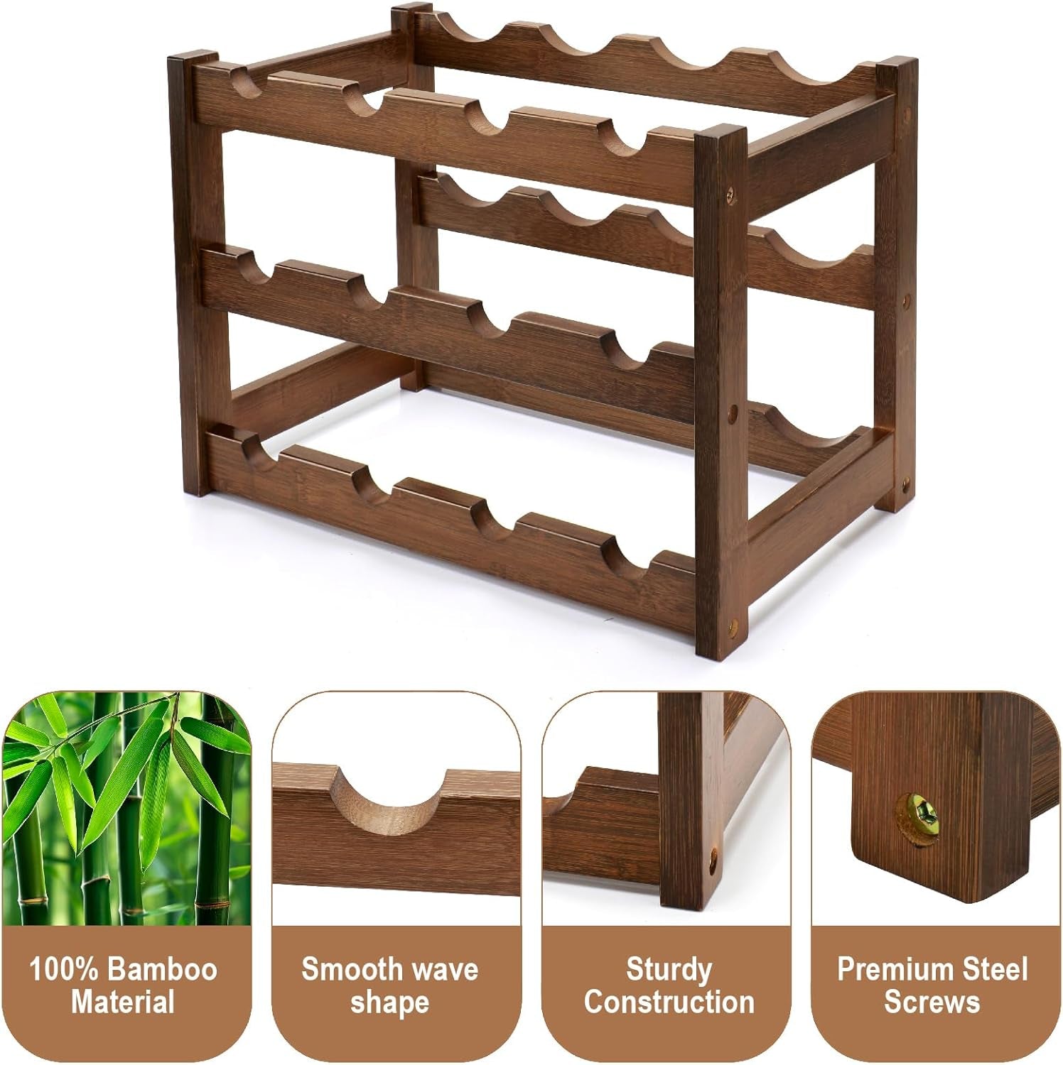 Bamboo Wine Rack, 3-Tier 12 Bottles Wine Storage Cabinet Shelf, Easy-Assembly Freestanding Bamboo Wine Racks Countertop for Kitchen Pantry Dining Room Bar, Walnut