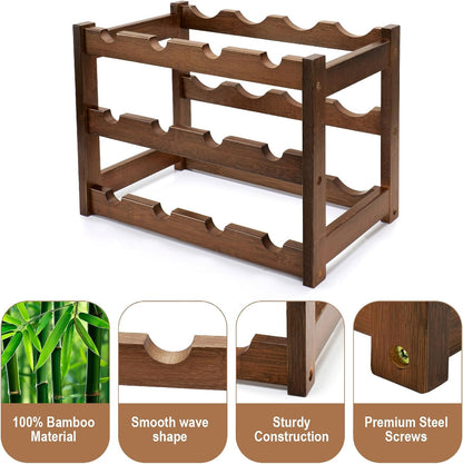 Bamboo Wine Rack, 3-Tier 12 Bottles Wine Storage Cabinet Shelf, Easy-Assembly Freestanding Bamboo Wine Racks Countertop for Kitchen Pantry Dining Room Bar, Walnut