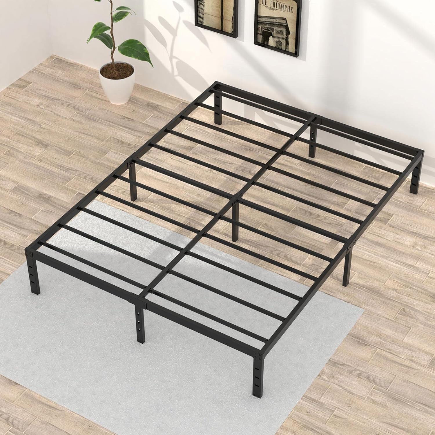 16 Inch Queen Bed Frame No Box Spring Required, Metal Platform Queen Size Bed Frames with 14 Inch Storage, 3,500 Lbs Heavy Duty Steel Slats Support, Easy Assembly Mattress Foundation