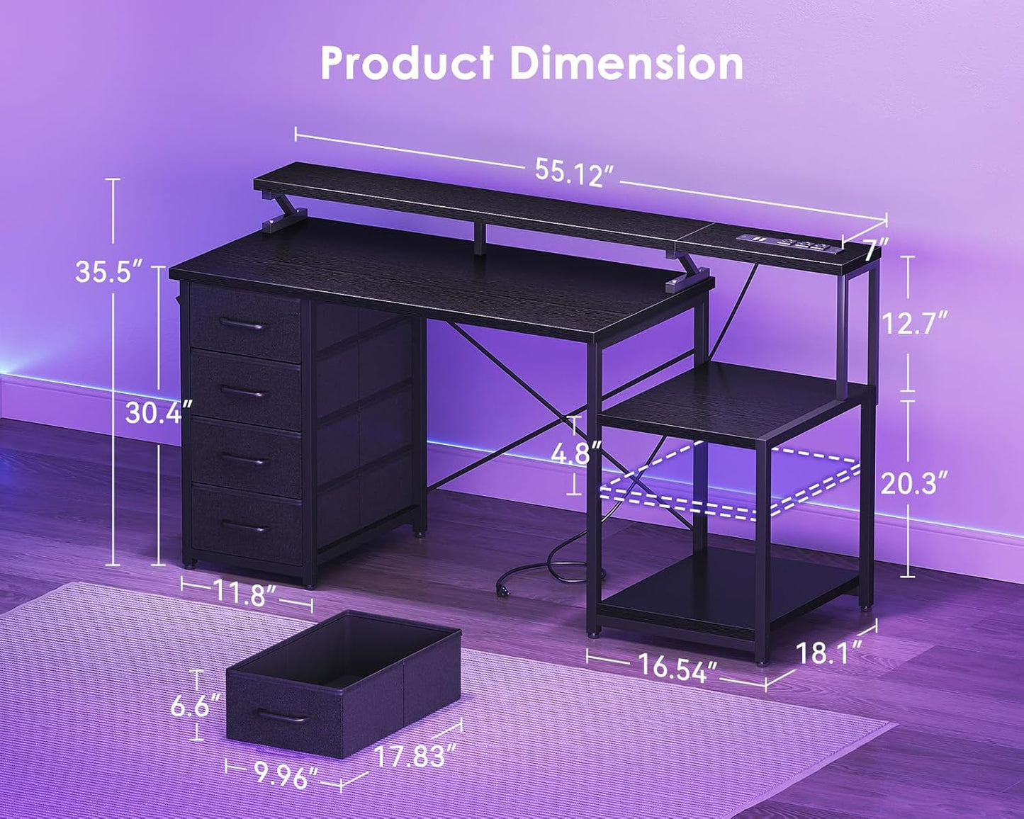 55 Inch Computer Gaming Desk with Power Outlets & 4 Drawers, Home Office Desk with Monitor Stand & Printer Shelves, Black