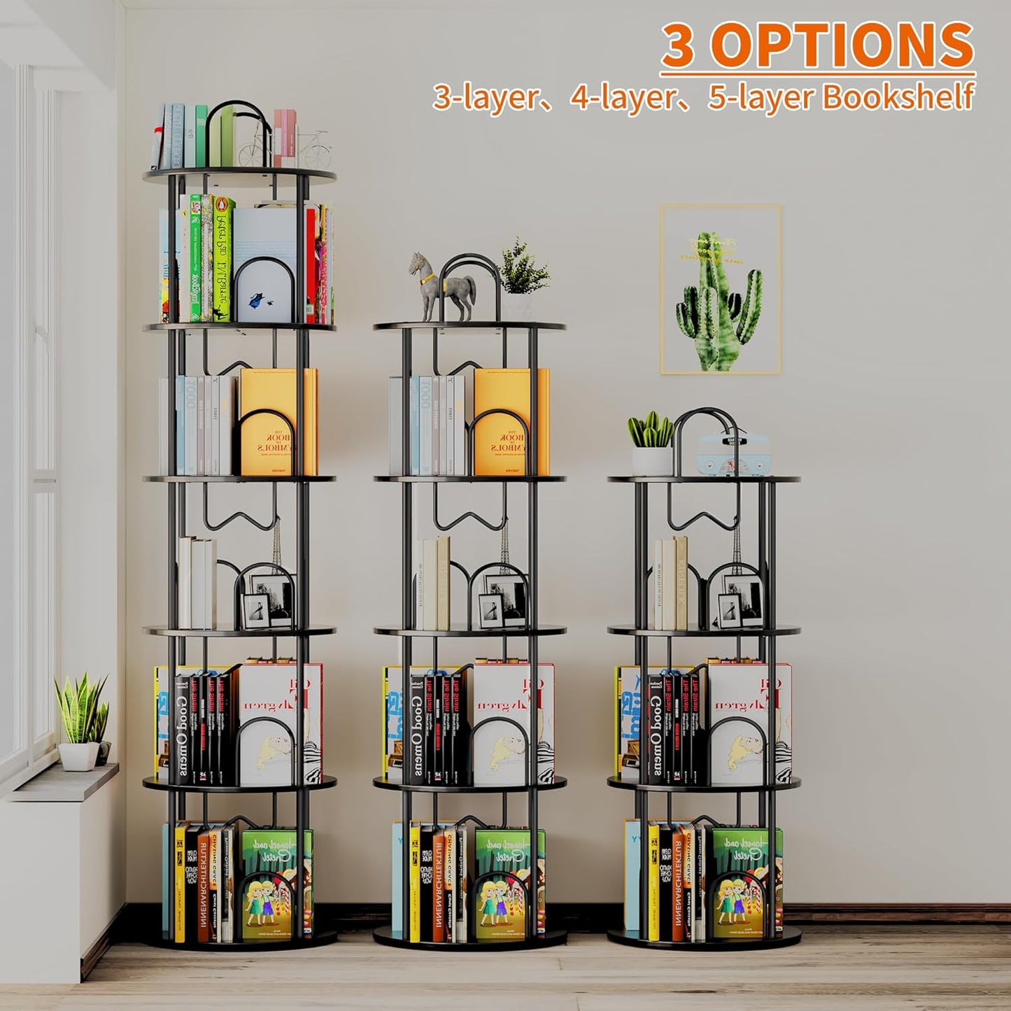 3 Tier Rotating Bookshelf, 360° Spinning Bookshelf Tower, round Narrow Space Saving for Books and Display, Revolving Bookcase Corner Tall Book Shelf for Small Spaces, Bedroom, Living Room, Black