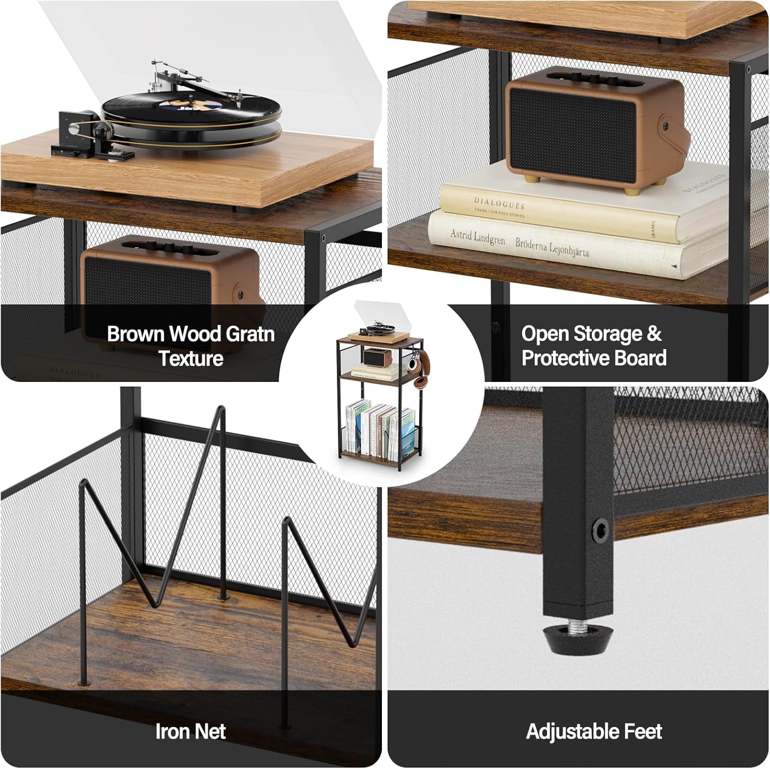 3-Tier Record Player Stand with Storage for up to 100 Vinyl Albums, Turntable Shelf with Brown Finish for Living Room & Bedroom
