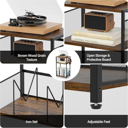 3-Tier Record Player Stand with Storage for up to 100 Vinyl Albums, Turntable Shelf with Brown Finish for Living Room & Bedroom