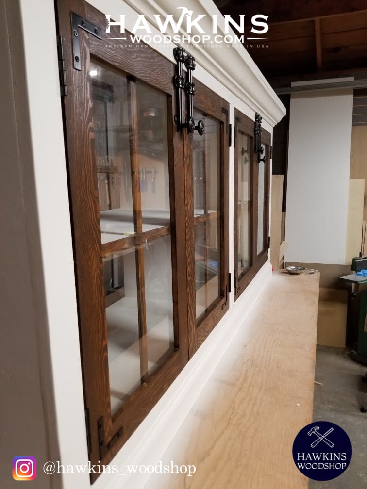 Crown Console with glass panel doors detail view, handcrafted solid wood TV console by Hawkins Woodshop