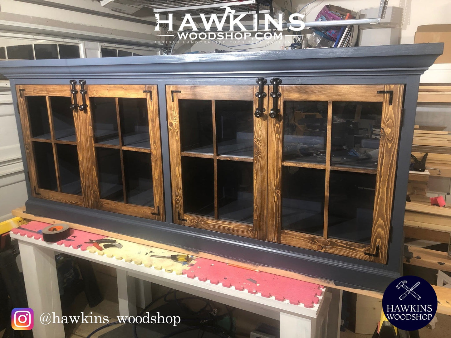 Handcrafted Crown Console with glass panel doors, solid wood media cabinet made in USA by Hawkins Woodshop