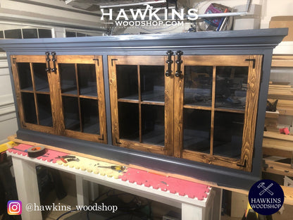 Handcrafted Crown Console with glass panel doors, solid wood media cabinet made in USA by Hawkins Woodshop