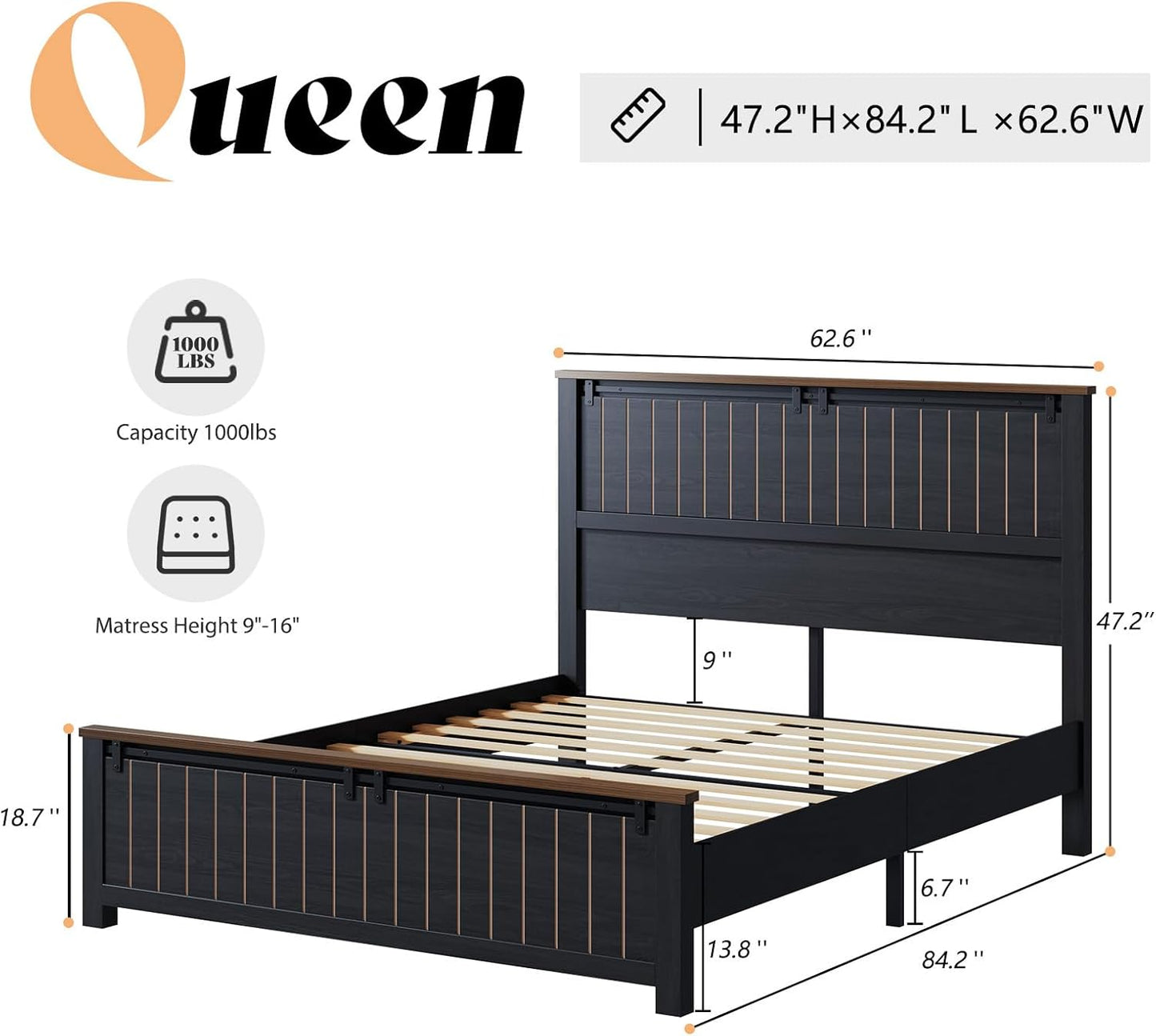 Farmhouse Queen Size Bed Frame with Sliding Barn Door, Wooden Rustic Platform Bed Frame with 47" Tall Headboard, Noise-Free, Solid Wood Slats & Metal Support, No Box Spring Needed, Dark Grey