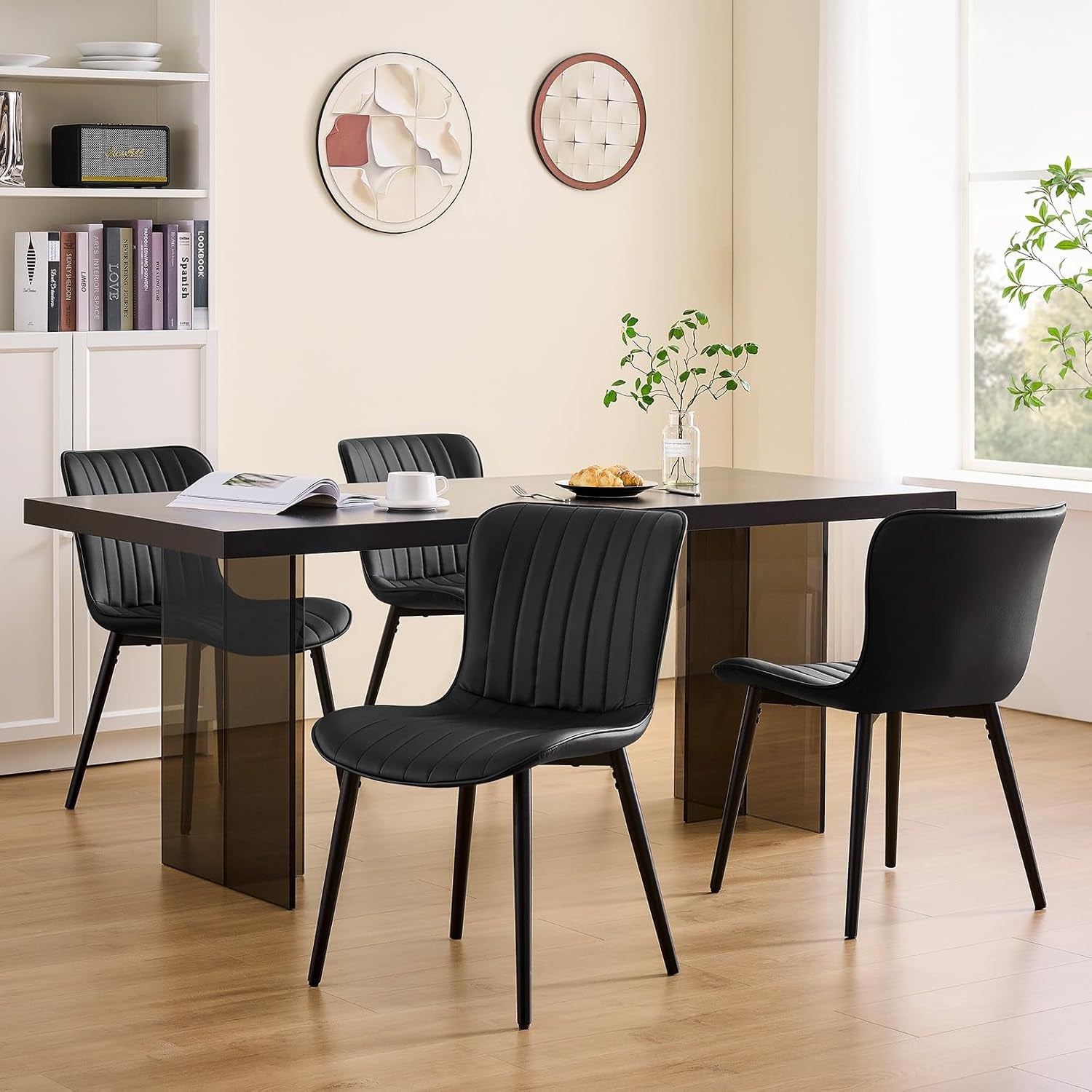 Modern Dining Chairs Set of 4, Heavy Duty Upholstered Side Chairs with Faux Leather, Comfortable Cushions & Durable Metal Legs with Adjustable Feet, Perfect for Kitchen, Dining Room (Black)